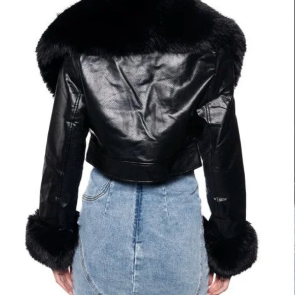 Faux Fur Crop Croc Moto Jacket in Black - Picture 3 of 7